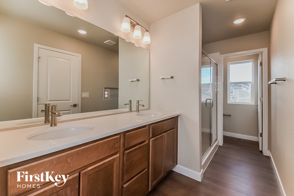 a bathroom with a sink and a mirror and a shower