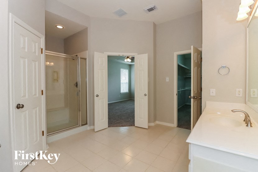 a bathroom with a sink and a mirror and a shower