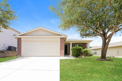 a house with a tree in the yard and a white driveway