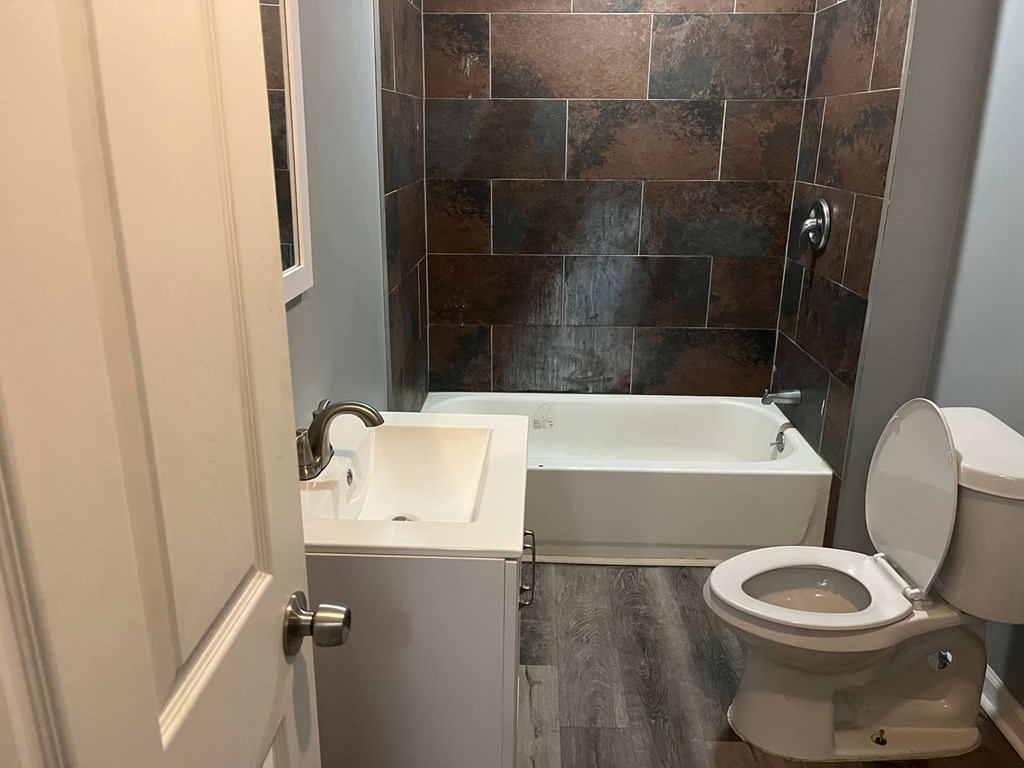 a bathroom with a toilet and a tub and a sink