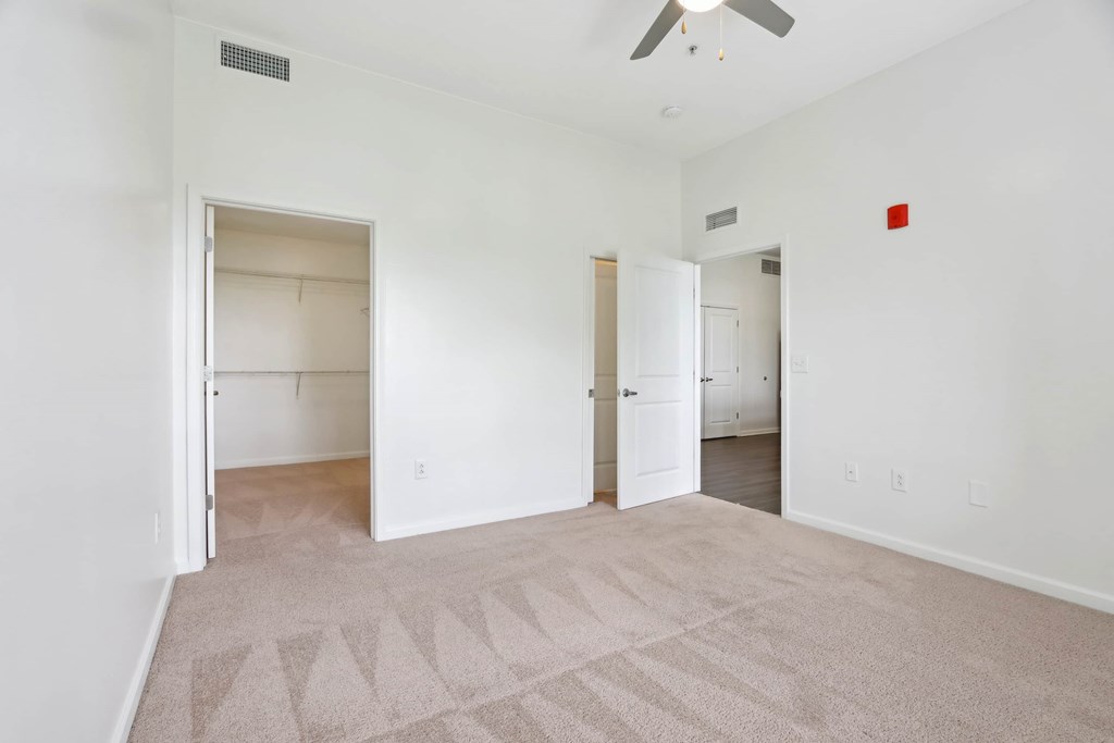 A room with a carpet and a ceiling fan.