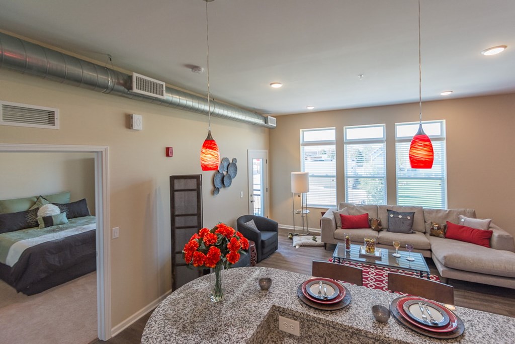 A living room with a grey couch, a coffee table, and a bed in the background.