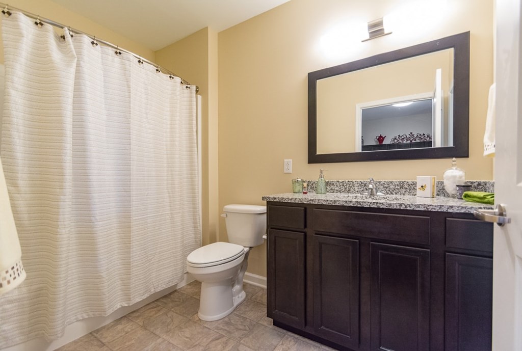 A bathroom with a toilet, sink, and shower curtain.