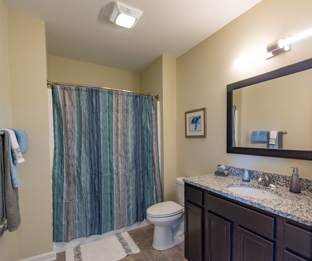 A bathroom with a toilet, sink, and shower curtain.