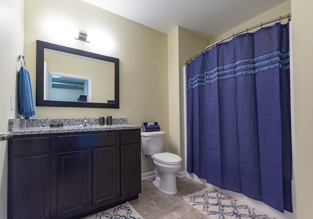 A bathroom with a toilet, sink, and shower curtain.