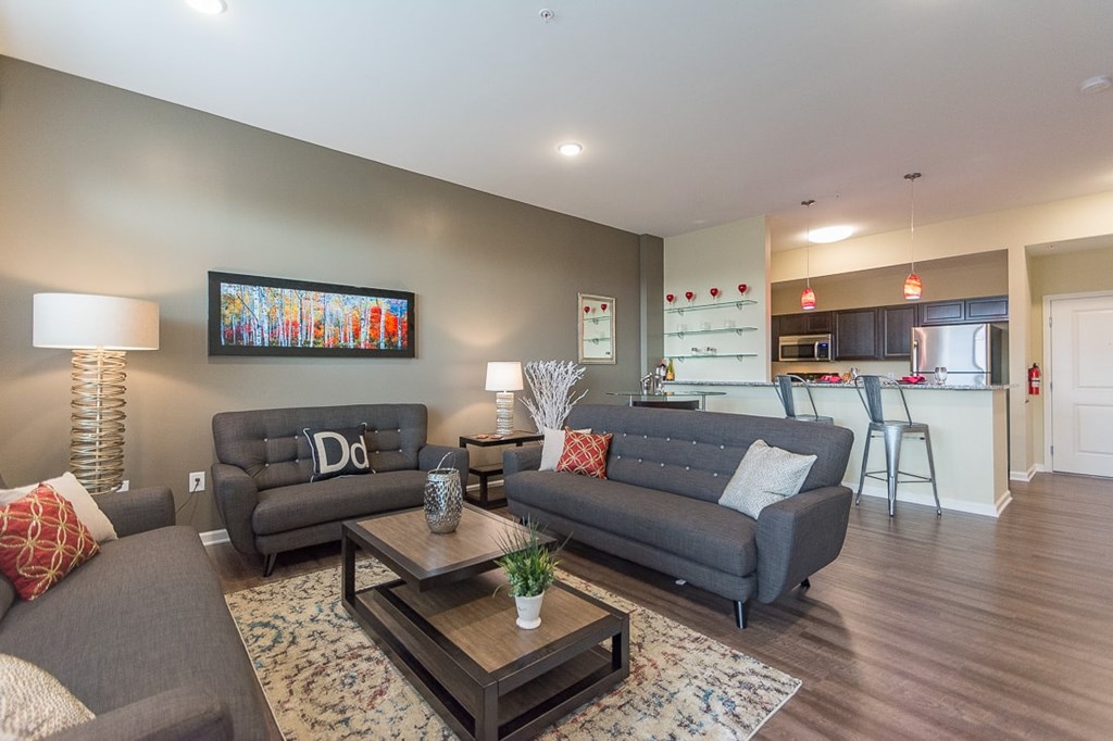 A living room with a grey couch and a coffee table.