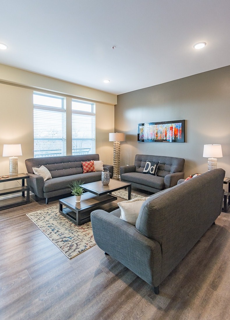 A living room with grey couches and a rug.