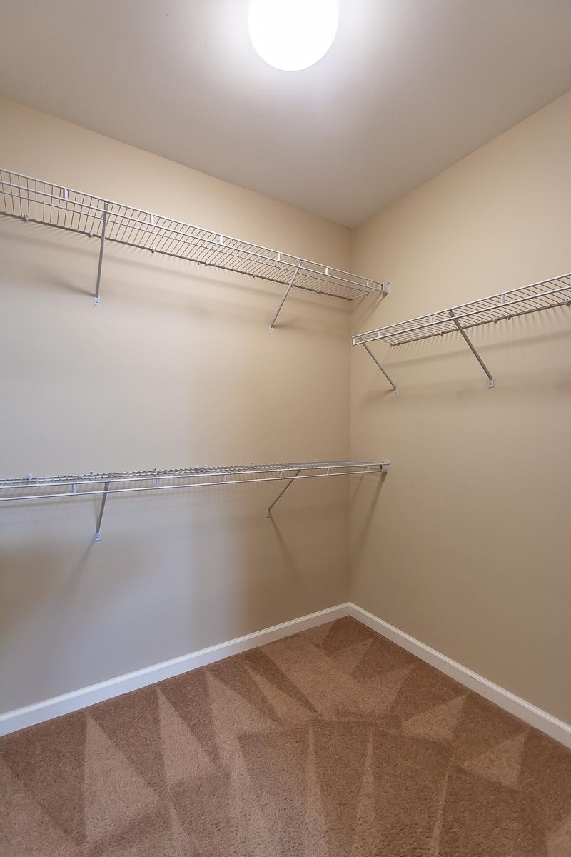 Empty room with a carpeted floor and a wall-mounted shelving unit.