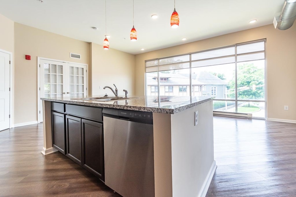 A kitchen with a black dishwasher and a window overlooking a house.
