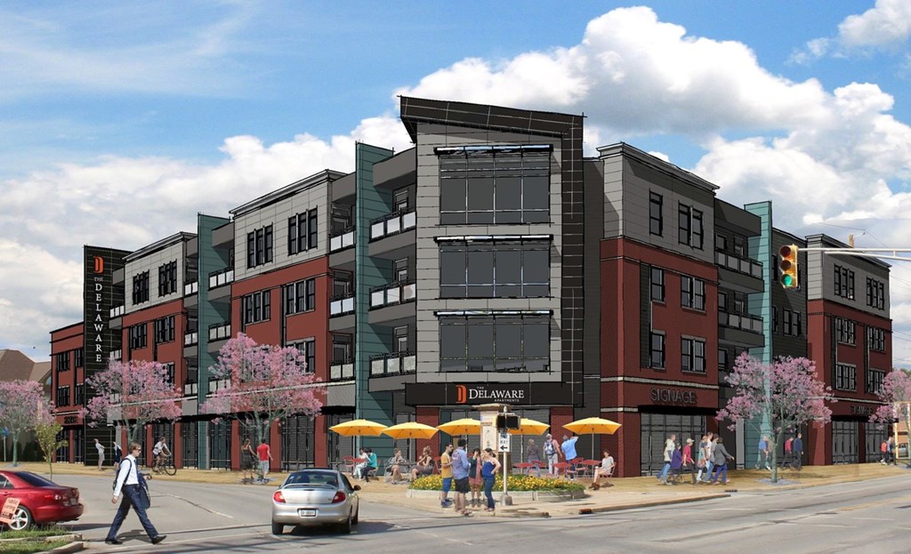 A street view of a building with the word Delaware on it.