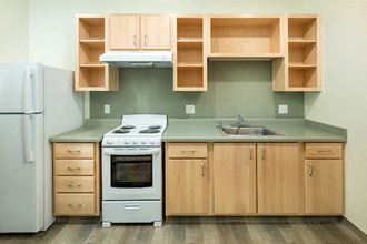 a kitchen with a stove sink and refrigerator