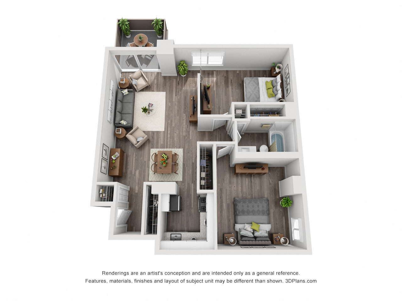 3D Riverside 2 Bedroom floorplan apartment with entry closet, kitchen, dining-living area, closets in each bedroom and 1 shared bathroom with linen closet. Balcony