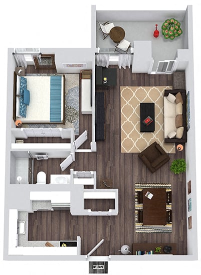 3D Landmark 1 bedroom apartment floorplan with kitchen, entry closet, dining area, living room, 1 bathroom with hallway linen closet, and balcony