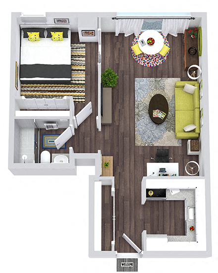 The Leigh 3D studio apartment with kitchen that opens into living and flex space. One Bathroom with standalone shower
