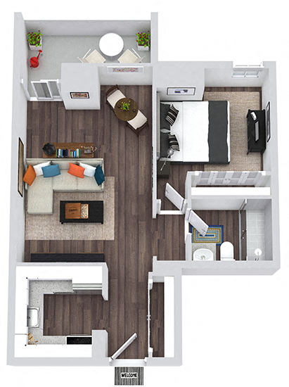 3D Manchester 1 bedroom floorplan apartment with Kitchen, hall closet, living-flex space, 1 bathroom with standalone shower