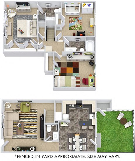 3D Hampton 3 bedroom townhome with yard. 1st floor kitchen, dining, living, half bath. 2nd floor bedrooms, 2 full baths, large closets.