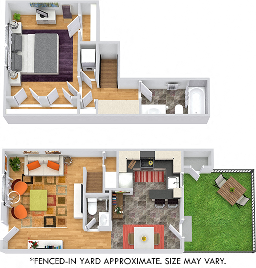 3D Newport 1 bedroom townhome with yard. Kitchen open to dining. Living room with half bath. 2 floor bedroom, full bath, hall cabinet storage and in-unit laundry
