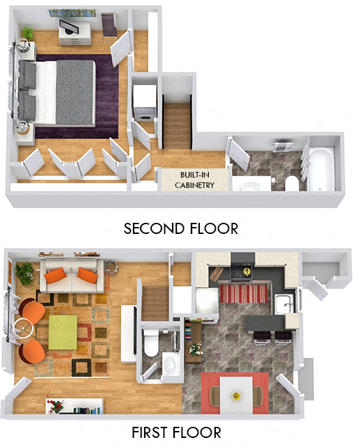 3D Newport 1 bedroom townhome. Kitchen open to dining. Living room with half bath. 2 floor bedroom, full bath, hall cabinet storage and in-unit laundry