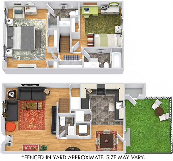 3D Norfolk 2 Bedroom apartment with yard. 1st floor kitchen, dining, living, half bath. 2nd floor bedrooms, 1 full baths. Large closets. in-unit laundry