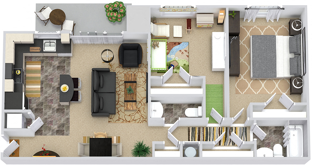 3D Surry 2 Bedroom apartment. Kitchen with island and pantry. open to living-dining. 2 hall closets. hall half bath. 1 shared full bath. Large closets. Patio. in-unit laundry