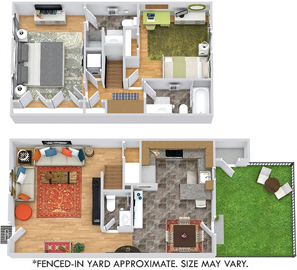 3D Tidewater with yard 2 bedroom townhome. 1st floor Kitchen open to dining. living room with half bath. 2nd floor built-in hall cabinet storage, 2 full baths, closets and in-unit laundry