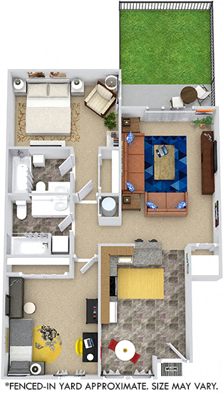 3D Millwood 2 bedroom apartment with yard. Eat-in Kitchen open to living area. 2 baths. in-unit laundry. large closets in bedrooms. patio