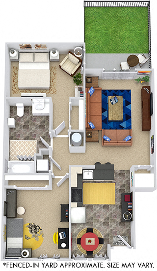 3D Monitor 2 bedroom apartment with yard. Eat-in Kitchen open to living area. 1 large bath. In-unit Laundry. Large closets in bedrooms. patio.