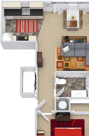 Clipper 3D 3D Clipper 1 Bedroom apartment. Kitchen opens into dining-living area. 1 full bath. hallway laundry. large closet in bedroom.
