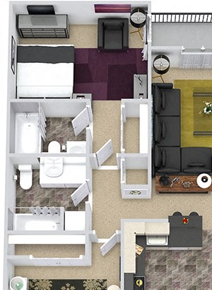 Monroe 3D 3D Monroe 2 bedroom 2nd floor apartment. Eat-in Kitchen with large storage closet, open to living area. 2 baths. In-unit laundry. large closets in bedrooms. Balcony.