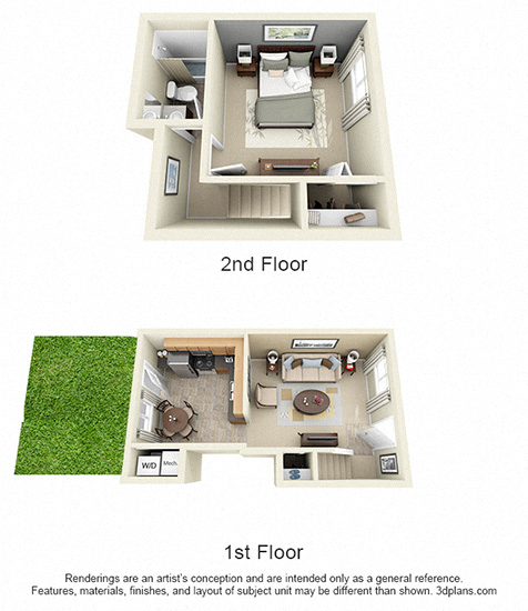 3D Juniper 1 bedroom townhome with yard. 1st floor eat-in kitchen-living-laundry. 2nd floor bedroom-full bath-closet.