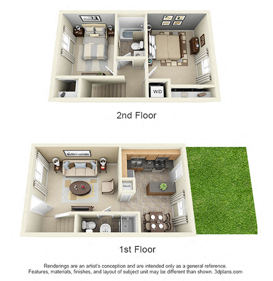 3D Sage 2 bedroom townhome with yard . 1st floor kitchen-dining-living-half bath. 2nd floor bedrooms-shared bath-laundry. Large closets.