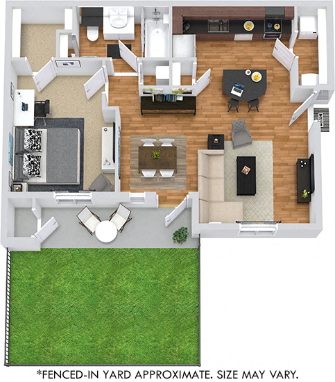 3D Wellesley 1 bedroom apartment with fenced-in yard. Kitchen with island. open to dining-living area. 1 full bath. walk-in-closet. in-unit laundry. patio/balcony.