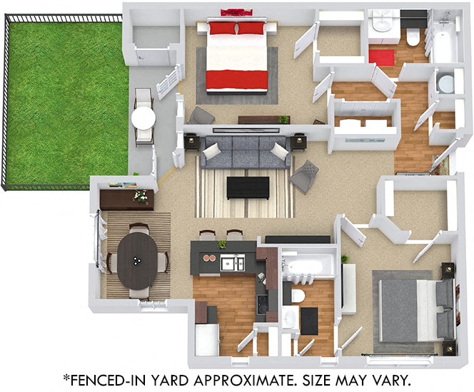 3D madison 2 bedroom apartment with fenced-in yard. L-shaped kitchen with bartop open to living and dining rooms. 2 full baths. walk-in closets. in-unit laundry. Patio/balcony. storage.