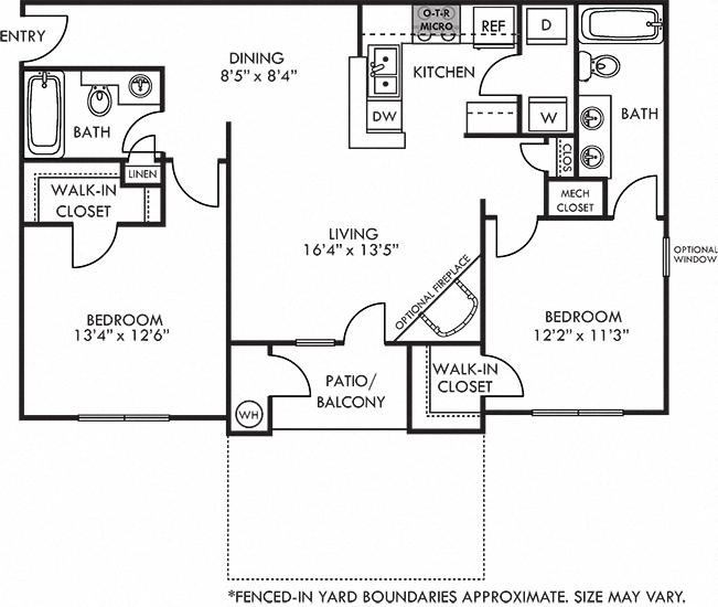 Madison 1 bedroom apartment with fenced-in yard. kitchen with bartop open to dining and living room. wood burning fireplace. 1 full bath. walk-in closet. in-unit laundry. Patio/balcony.