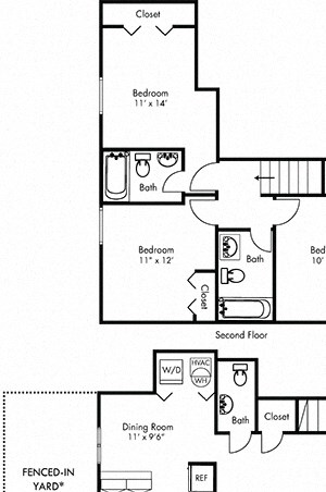 The Woodmont with Fenced-in Yard Woodmont 3 Bedroom townhome with fenced-in yard. kitchen-dining-living-half bath-in-unit laundry on first floor. bedrooms and 2 full baths on 2nd floor.