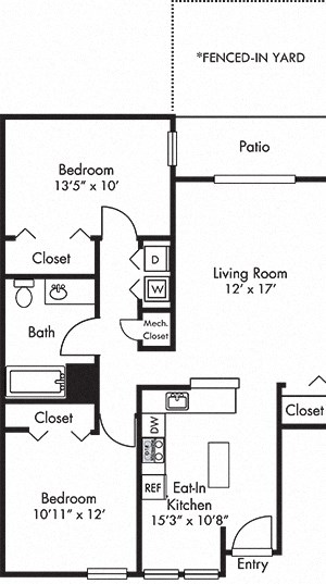 Maplebrook with Fenced-in Yard Maplebrook 2 bedroom apartment with fenced-in yard. Eat-in Kitchen with bartop open to living room. 1 full bath. In-unit laundry. patio/balcony.