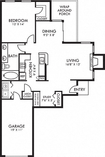 Applebrook - attached garage. 1 bedroom apartment. Kitchen with island open to living & dinning rooms.  Study area. 1 full bathroom, double vanity. Walk-in closet. Patio/balcony. Optional fireplace.