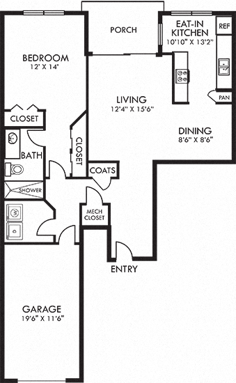 Autumn Hill + Attached Garage. 1 bedroom apartment. Kitchen with bartop open to living & dinning rooms. 1 full bathroom. Two closets in bedroom. Patio/balcony.