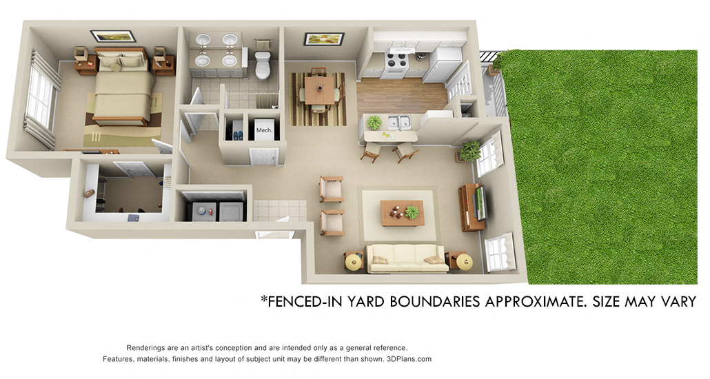 Brier Leaf with Fenced-in Yard 3D 1 bedroom apartment. Kitchen with bartop open to living & dinning rooms. 1 full bathroom, double vanity. Walk-in closet. Patio/balcony with yard. Optional fireplace.