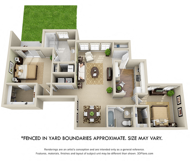 Glenwood + Fenced-in Yard 3D. 2 bedroom apartment. Kitchen closed off. 2 full bathrooms, double vanity in master. Walk-in closets in both bedrooms. Patio/balcony open to yard.