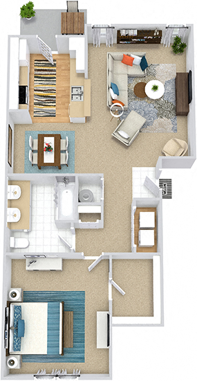 Belwood 3D 1 bedroom apartment. Kitchen with bartop open to living & dinning rooms. 1 full bathroom, double vanity. Walk-in closet. Patio/balcony. Optional fireplace.