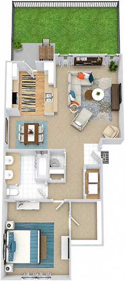 Belwood with Fenced-in Yard 3D 1 bedroom apartment. Kitchen with bartop open to living & dinning rooms. 1 full bathroom, double vanity. Walk-in closet. Patio/balcony open to yard. Optional fireplace.