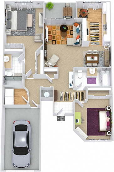 Brighton With Attached Garage 3D. 2 bedroom apartment. Kitchen with eating area. 2 full bathrooms, shower stall in master. Two closets in master. Patio/balcony.