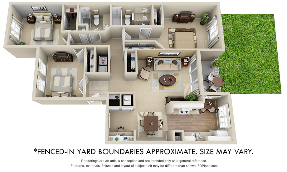 Timber Crest + Fenced-in Yard. 3 bedroom apartment. Kitchen with eating space. Study area. 2 full bathrooms, shower stall in master. Two closets in master. Patio.