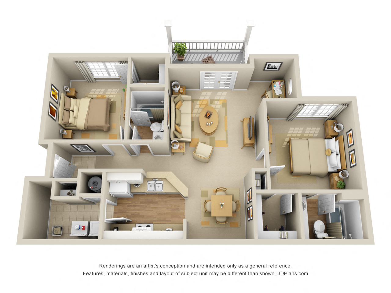 Palmetto 3D. 2 bedroom apartment. Kitchen with bartop open to living & dinning rooms. Computer nook. 2 full bathrooms. Walk-in closets. Patio/balcony. Optional Fireplace.