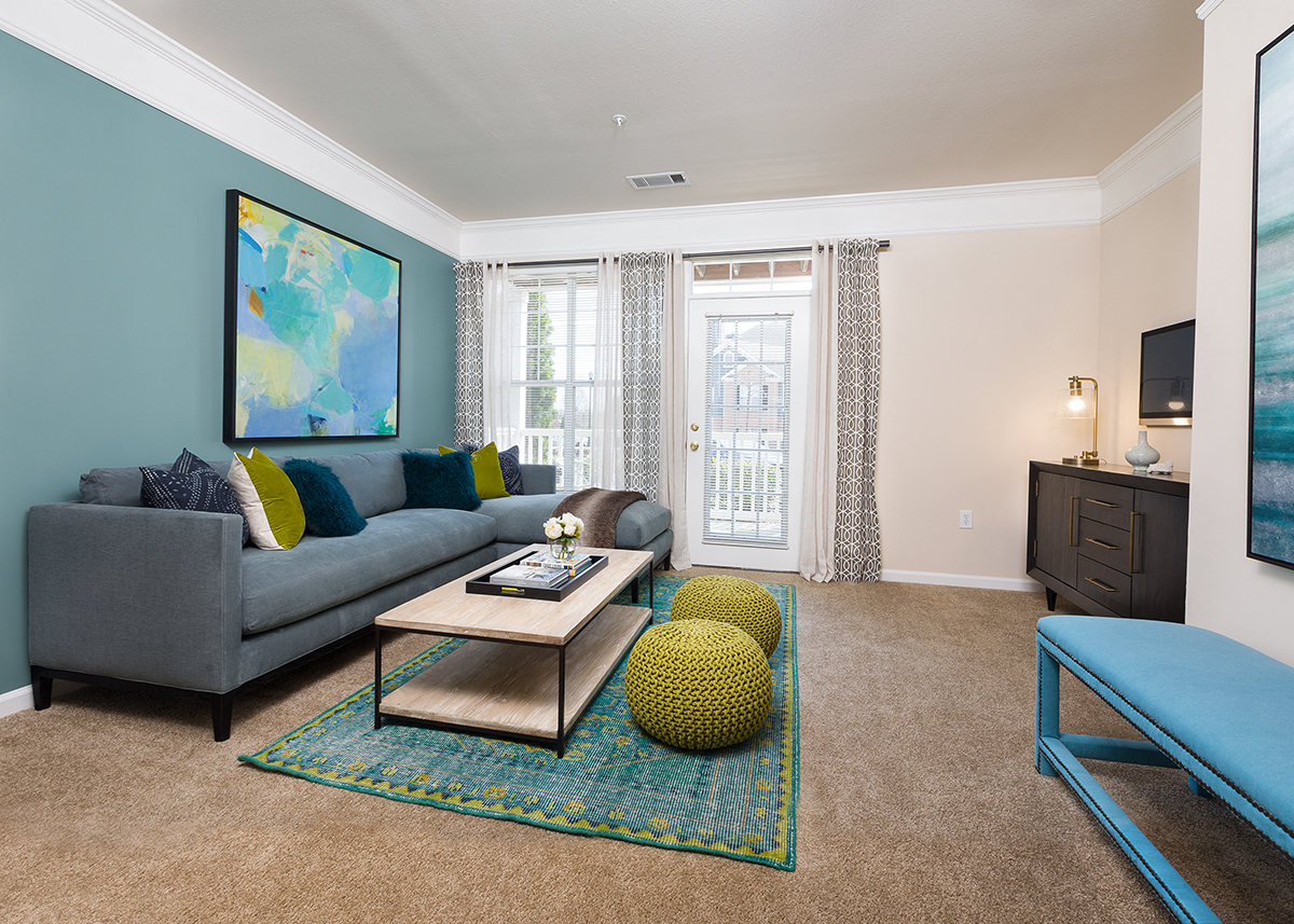 a living room with a couch and a coffee table
