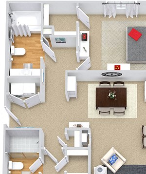 Braxton 3D. 2 bedroom apartment. Kitchen with bartop open to living & dinning rooms. 2 full bathrooms, shower stall in master. Walk-in closets. Patio/balcony.