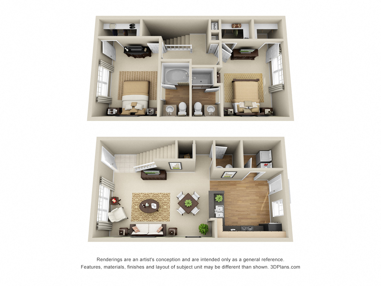 Davidson 3D. 2 bedroom townhouse. Kitchen with bartop open to living & dinning rooms. 2 full bathrooms, shower stall in master. 1 half bath. Walk-in closets. Patio/balcony.