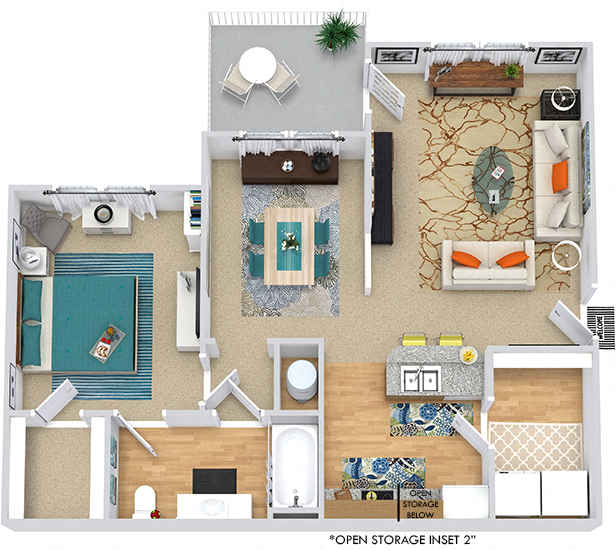 Maple 3D. 1 bedroom apartment. Kitchen with bartop open to living/dinning rooms. 1 full bathroom. Walk-in closet. Patio/balcony.