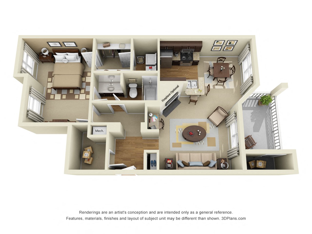 Ariel 3D.1 bedroom apartment. Kitchen with bartop open to living/dinning rooms. 1 full bathroom. Walk-in closet. Storage room. Patio/balcony. Optional fireplace.